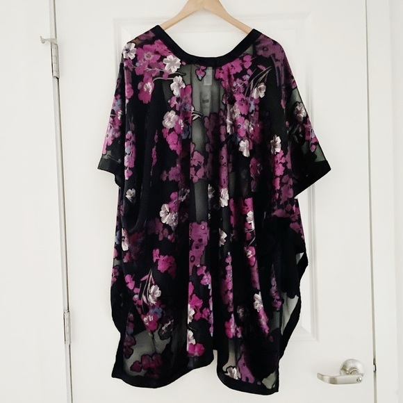 J. Jill Ruana Velvet Burnout Cardigan One Size Kimono Duster Purple Floral - Picture 5 of 9